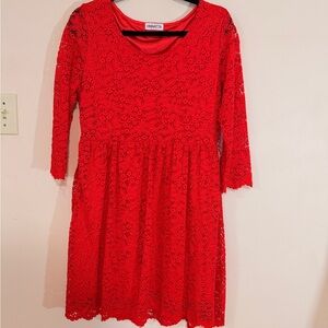 Red Lace Fit & Flare Dress | Long Sleeve | Size L